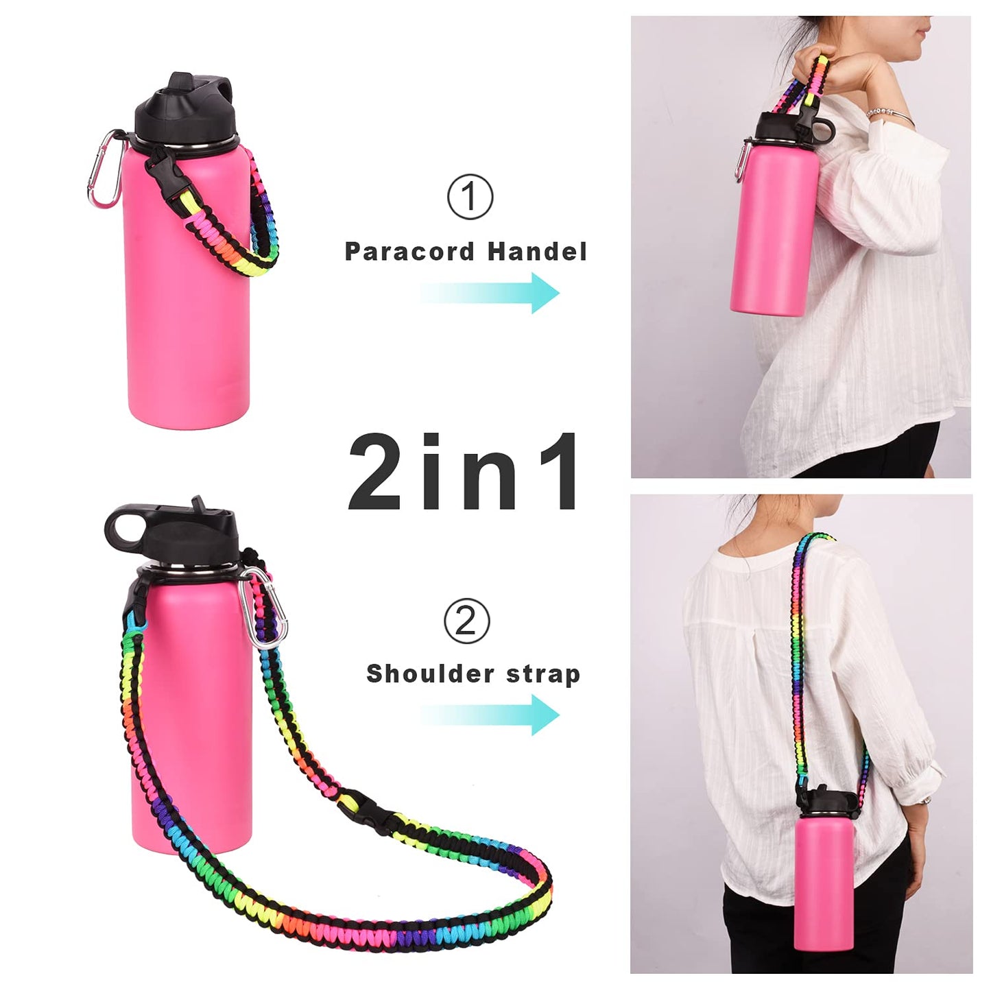 Wongeto Paracord Handle Carrier Holder with Shoulder Strap,Compatible with Hydro Flask Wide Mouth Water Bottles 12oz - 64 oz and Other Wide Mouth Water Bottle for Walking Hiking Camping (Rainbow)