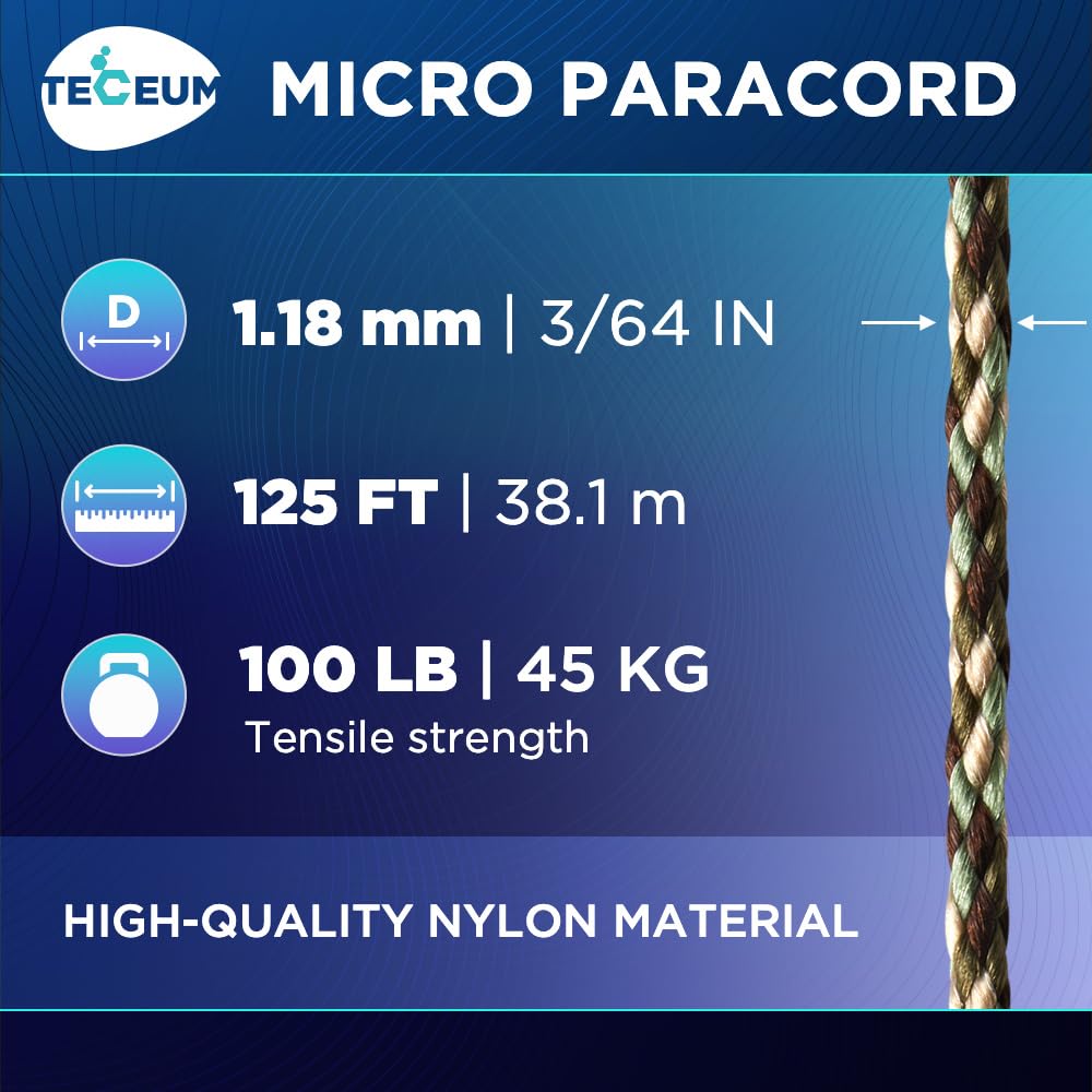 TECEUM Micro Paracord – Camo – 1.18 mm x 125 ft – Micro Utility Cord – Thin Braided Paracord Rope Nylon Polyester – Wind Chime Replacement – Survival Strong String 788c