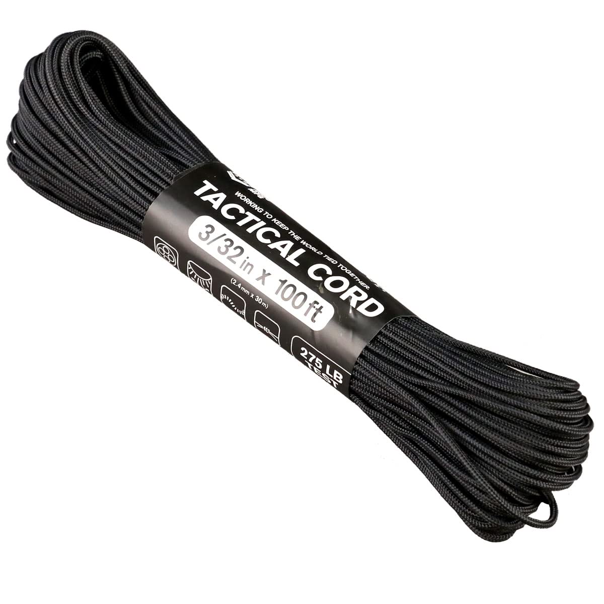 Atwood Rope MFG 275 Tactical Paracord 100 Feet 4-Strand Core Nylon Parachute Cord Outside Survival Gear Made in USA | Lanyards, Bracelets, Handle Wraps, Keychain (Black)