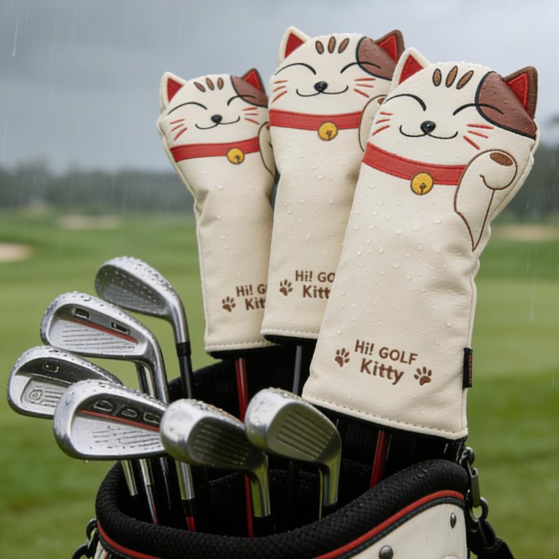 GOOACTION Lucky Cat Golf Club Fairway Wood Head Cover with Creative Cartoon Animal Kitten Pattern Synthetic Leather Golf Clubs Headcover with Number Tag 3.5.7.x