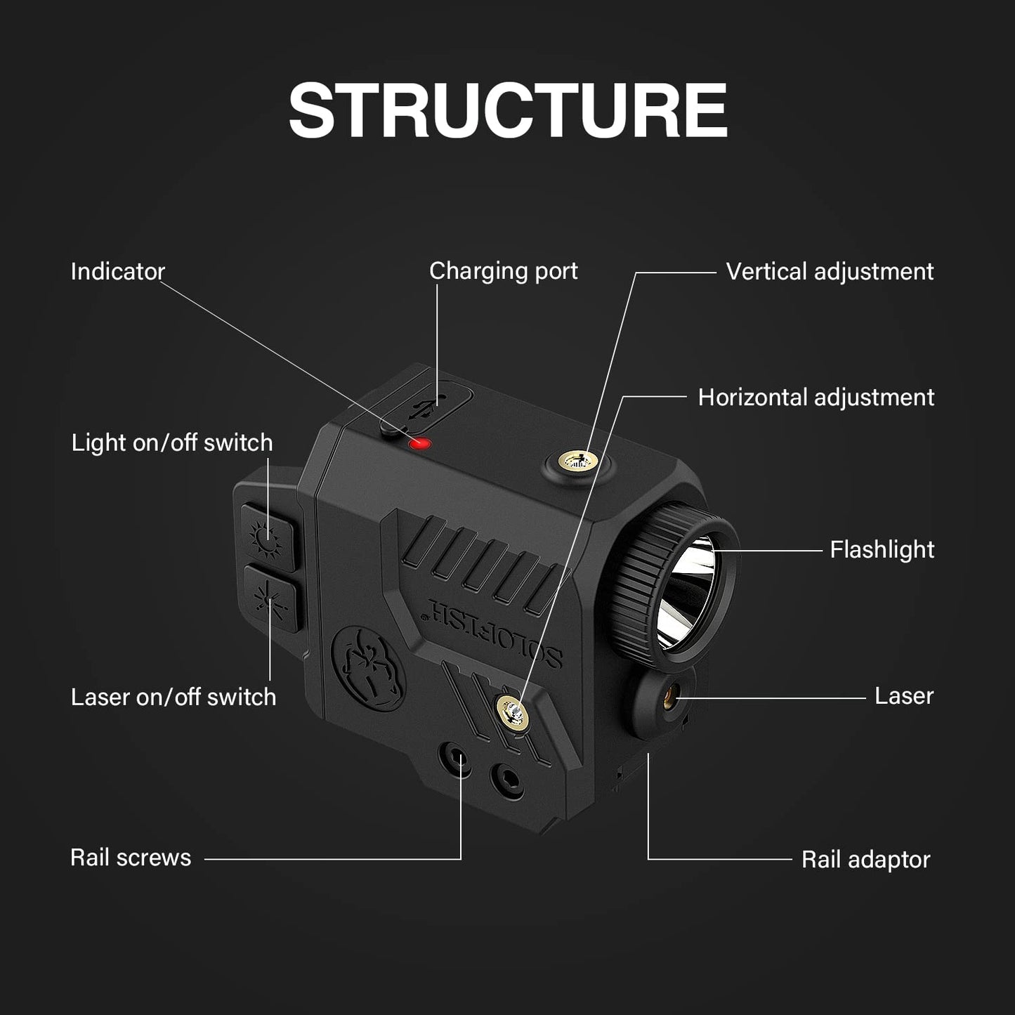 Solofish 700 Lumens Adjustable Pistol Light Laser Combo, Strobe Function Red Laser and Tactical Light Fits for Full Size & Compact Guns with Rail