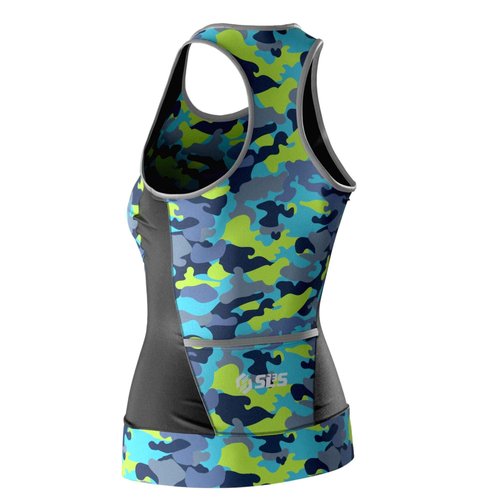 SLS3 Triathlon Top Women - Sleeveless Tri Top Women - Comfortable & Great Fit Triathlon Shirts or Singlet, No Shelf Bra (Black/Tropical Camo, Large)