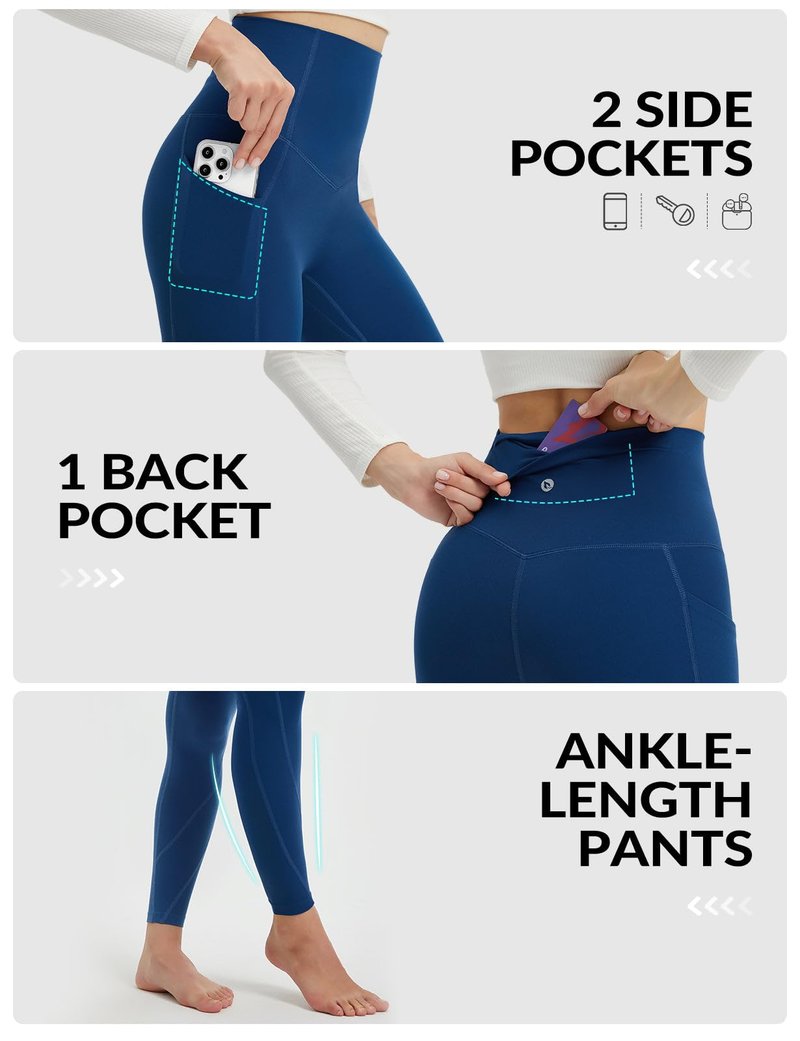 baleaf Super High Waisted Leggings for Women with Pockets Stretchy Tummy Control Soft Yoga Workout Gym Petite Pants Navy Blue M