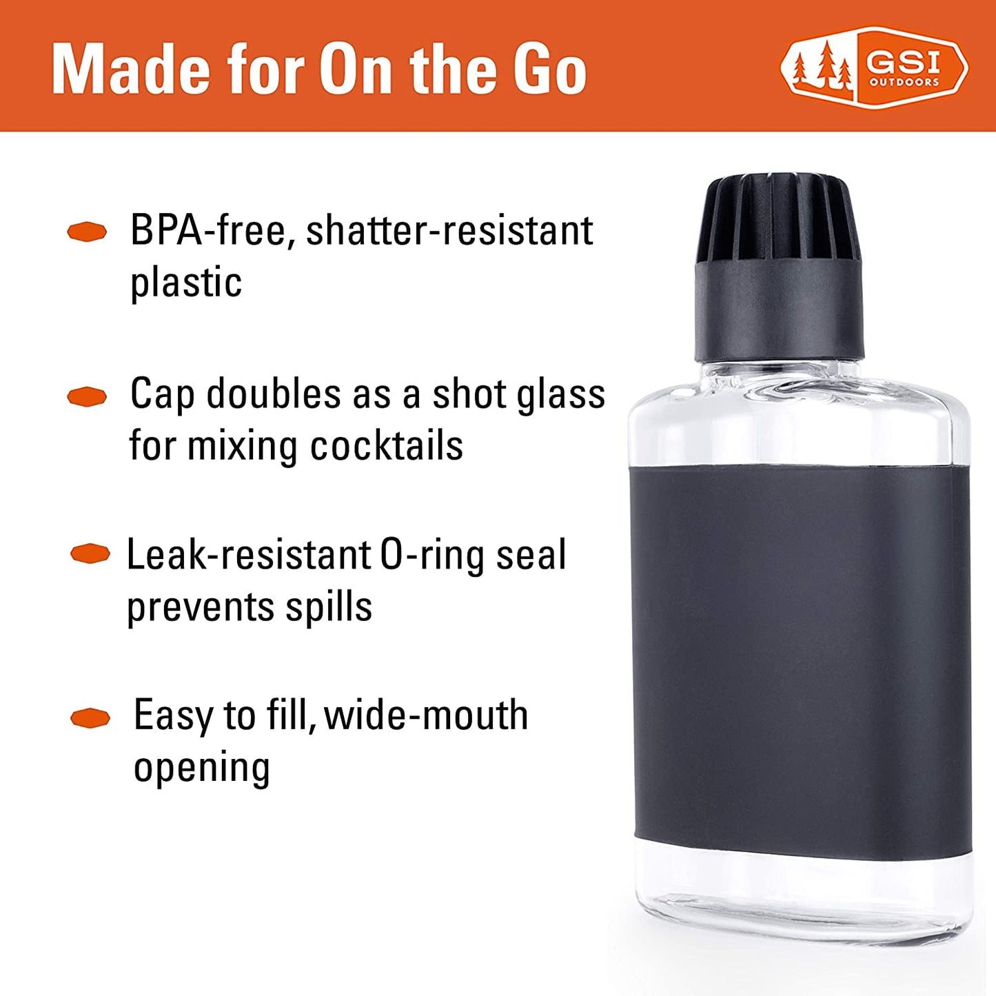 GSI Outdoors - Clear Easy Fill Flask, BPA Free, Shatter-Resistant with Shot Glass for Travel & Camping - 10 oz.