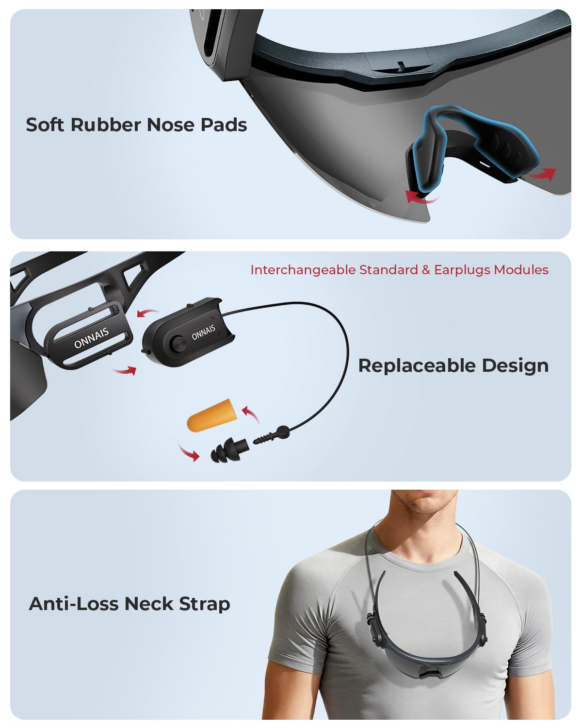 ONNAIS Safety Glasses ANSI Z87.1+ with Earplugs NRR 32dB Gray