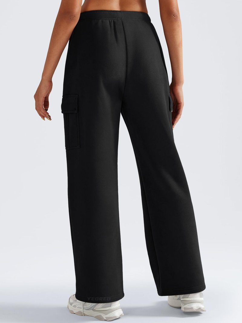 YEOREO Sweatpants Womens Cargo Pants Fleece Lined Wide Leg Joggers Baggy Drawstring Nairi Sweat Pants with Pockets Black S
