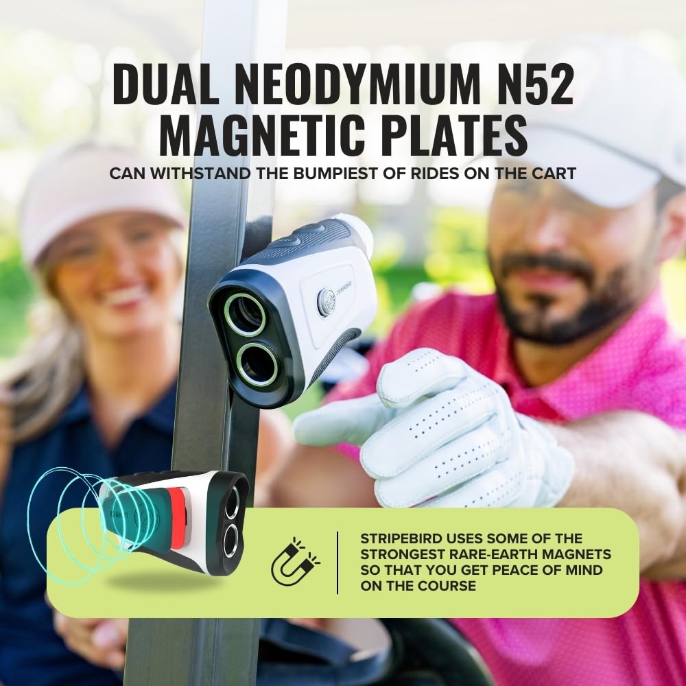Stripebird - Pro Tour Golf Rangefinder with Slope (Black/White) - Range Finder Golf with Ultra-Strength Magnet - Laser Rangefinder with Slope Technology & Flag Pole Lock Vibration - Golf Range Finder