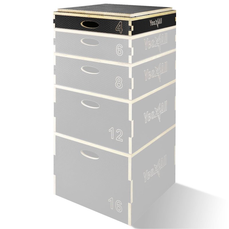 Yes4All Stackable Wooden Plyo Box, Plyometric Box with Anti-Slip Surface for Home Gym & Outdoor Workout - Black - 4", C756