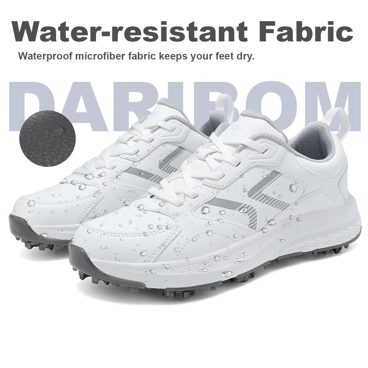 DARIBOM Mens Golf Shoes Spiked Non Slip Waterproof Golf Sneakers with Leather Upper Size 10.5(White)