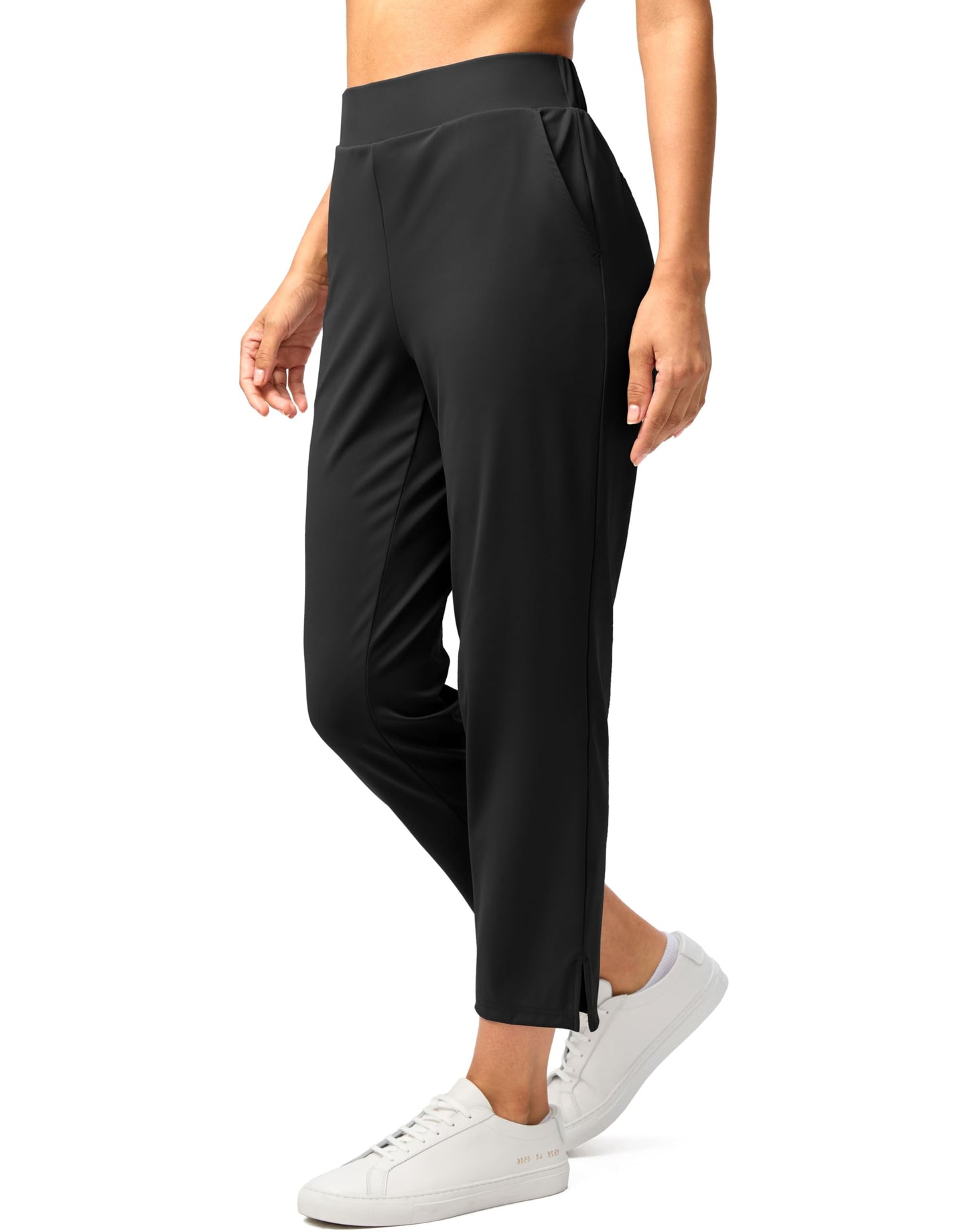 G Gradual Women's Pants 25.5" Ankle 7/8 Golf Pants 3 Pockets Stretchy Petite Travel Pants with Inner Drawstring for Work Business Casual Athletic, Black, L