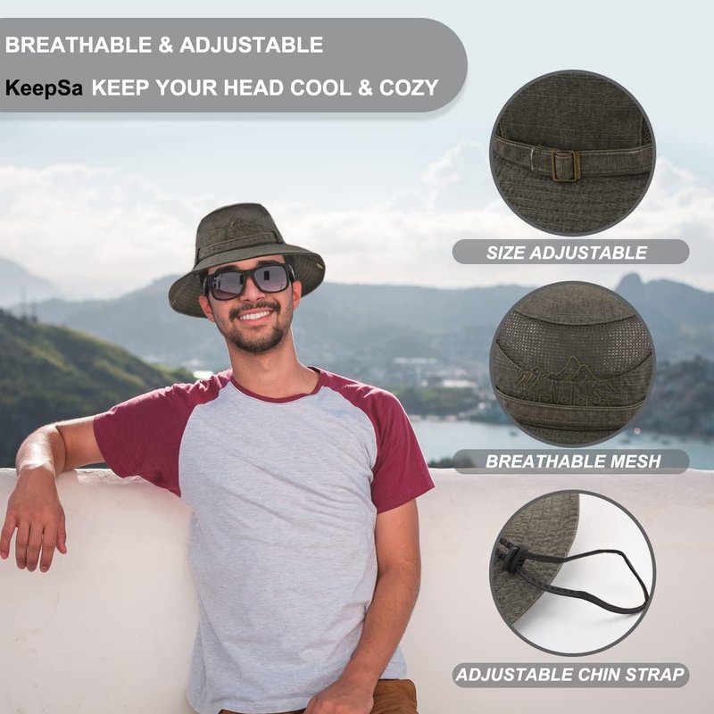 Men's Sun Hat - Cotton Embroidered Wide Brim Bucket Hat for Summer Outdoor Protection | Foldable Safari Style