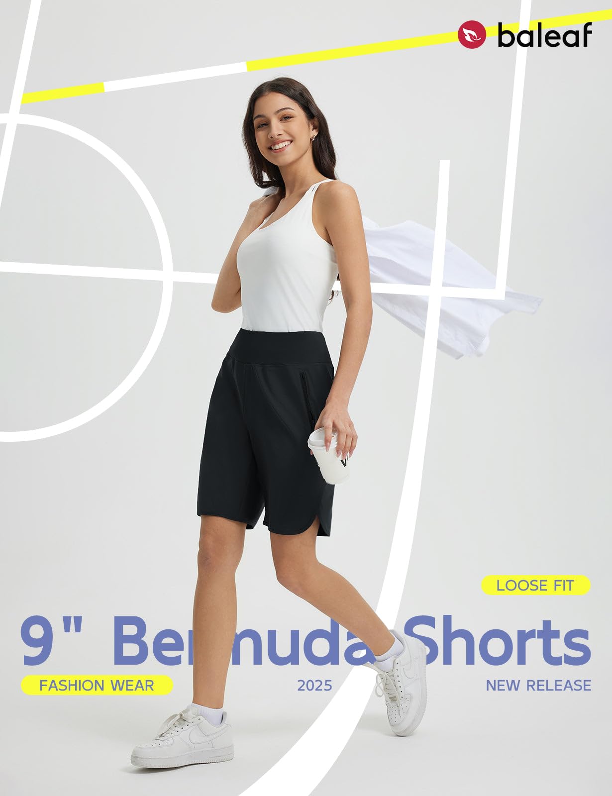 baleaf Women's Bermuda Long Shorts 9" Above Knee Length High Waisted Athletic Running Shorts with Zipper Pockets Quick Dry Loose Casual Summer UPF 50+ Black XL