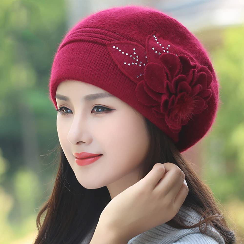 Winter Beanies Hats for Womens Beanie Knit Fashion Warm Winter Hats Women Rabbit Fur with Flower Rhinestone Beanie