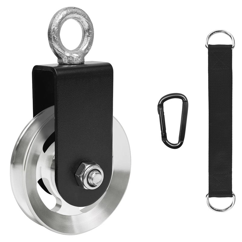 LFJ Aluminum Alloy Cable Pulley with Swing Strap Carabiner, 90mm Pulley Wheel for LAT System DIY Pull Down Attachment,Ladder Lift,Home Gym Equipment (Aluminum Alloy, Silver)