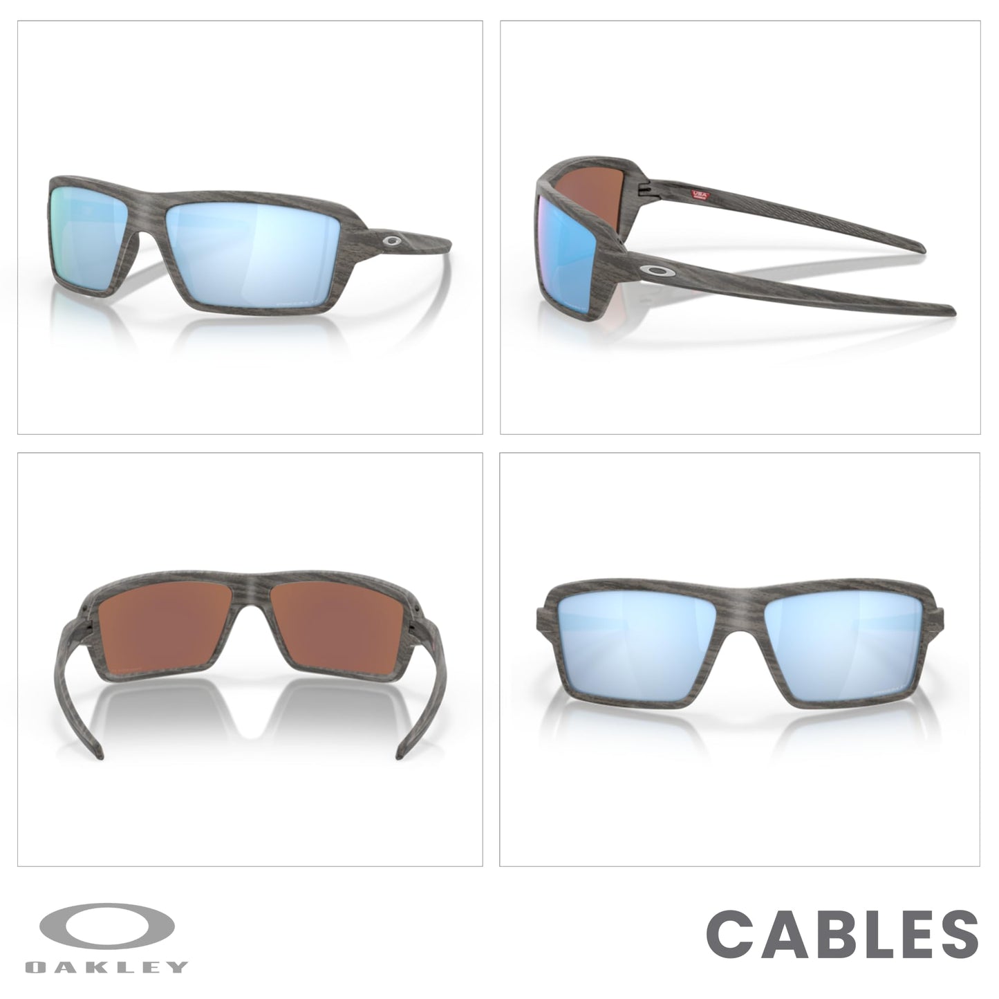 OAKLEY Cables OO9129 912906 63MM Woodgrain/Prizm Deep Water Polarized Rectangular Sunglasses for Men+ Bundle Accessory Leash Kit, Microfiber Pouch