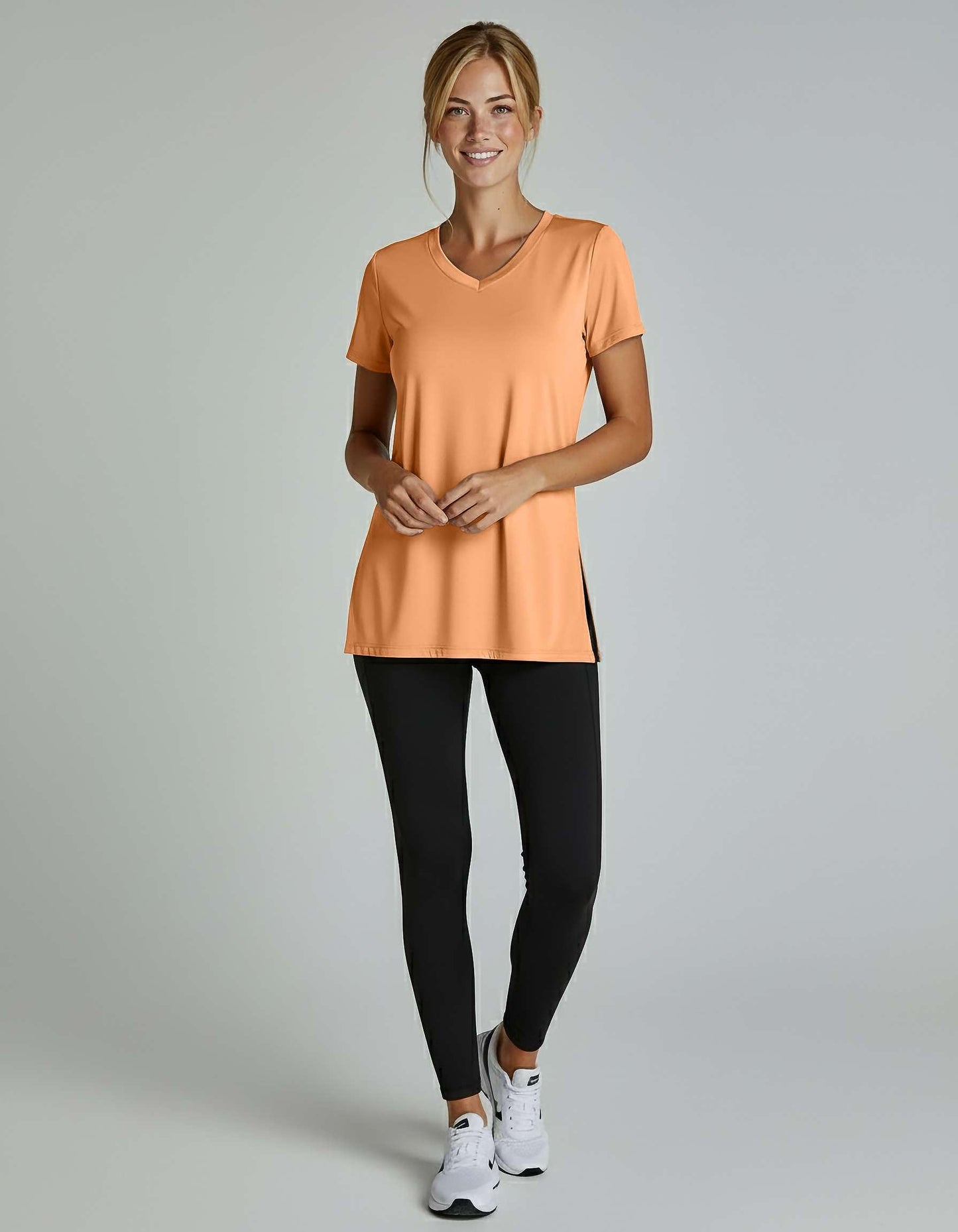 Real Essentials 5 Pack: Women's Short Sleeve Split Hem V-Neck T-Shirts, Athletic Tops, Gym, Workout, Yoga, Activewear- Set 2, S