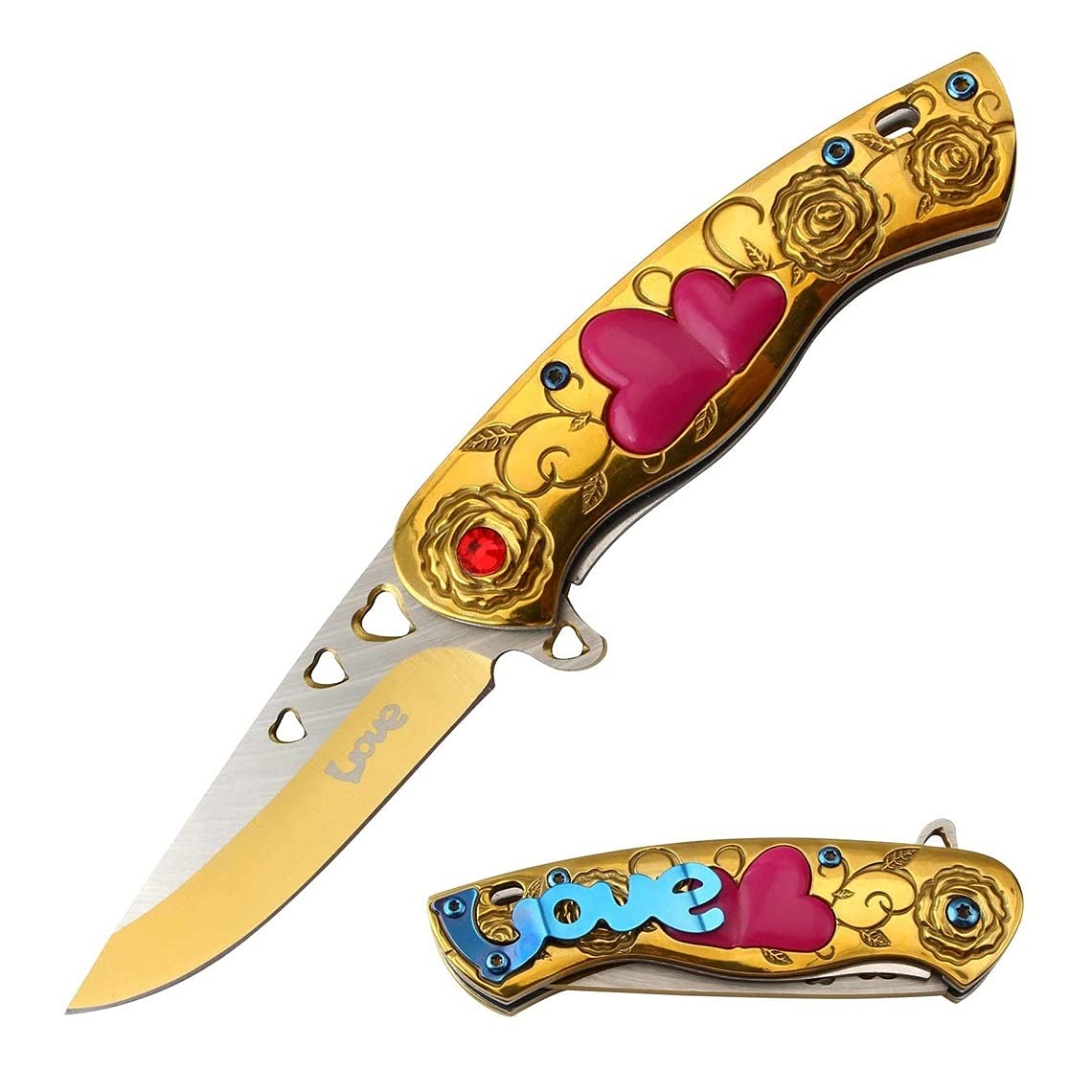 Snake Eye Tactical 7" Cupid Heart Ladies Valentines day Pocket Knife with LOVE Pocket Clip Included (Gold)