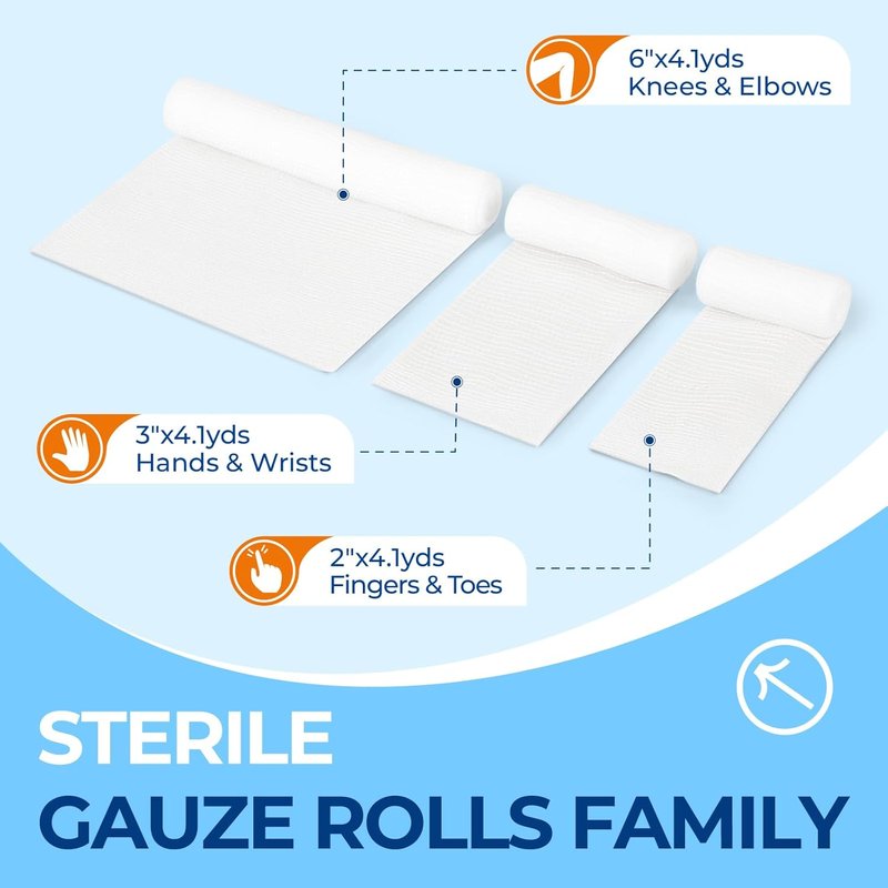 Sterile Gauze Rolls - 2" x 4.1 Yards, Latex-Free Stretch Bandage | Pack of 12 with Bonus Tape for Dressings & Splints