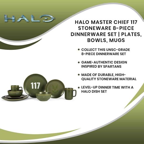 HALO Master Chief 117 Stoneware 8-Piece Dinnerware Set | Video Game-Themed Home Kitchen Essentials | Includes Dinner And Salad Plates, Soup Bowls, Mugs | Place Setting For 2 Green