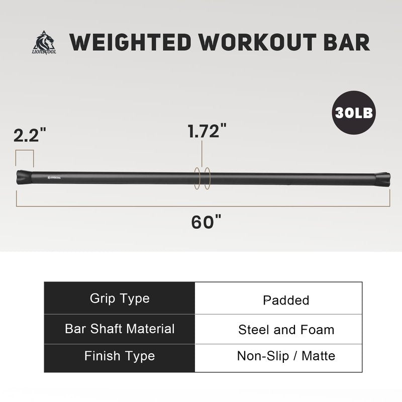 LIONSCOOL Workout Weighted Bar,Padded Exercise Weight Bar, Solid Steel Stretching weighted bar set for Body Sculpting, Physical Therapy,Body Toning (30LB)