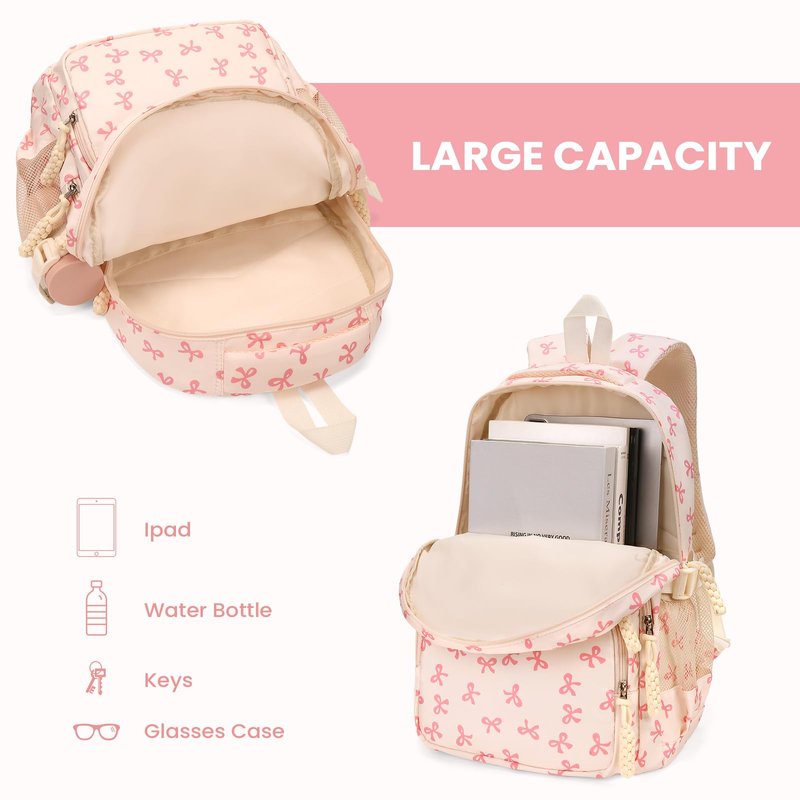 Cohawk Bow Backpack for Women Coquette Aesthetic Nylon Rucksack Cute Kawaii Backpack 3Pcs Set With Bow Pattern