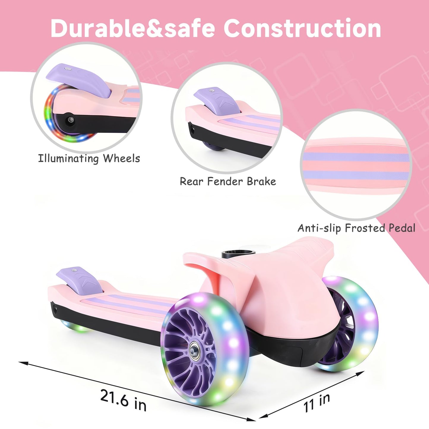 Wheelive 2 in 1 Kids Scooter with Removable Seat, Light up 3 Wheels Kick Scooter with 4 Adjustable Height Toddler Scooters Sit or Stand Ride for Boys & Girls 2-10 Years Old（Pink）