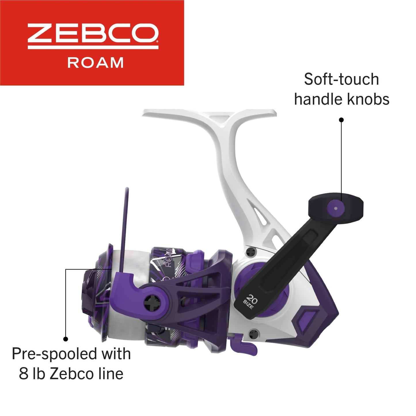 Zebco Roam Spinning Reel and Fishing Rod Combo, 6-Foot 2-Piece Fiberglass Rod, Split ComfortGrip Handle, Size 20 Reel, Reversible Retrieve, Purple