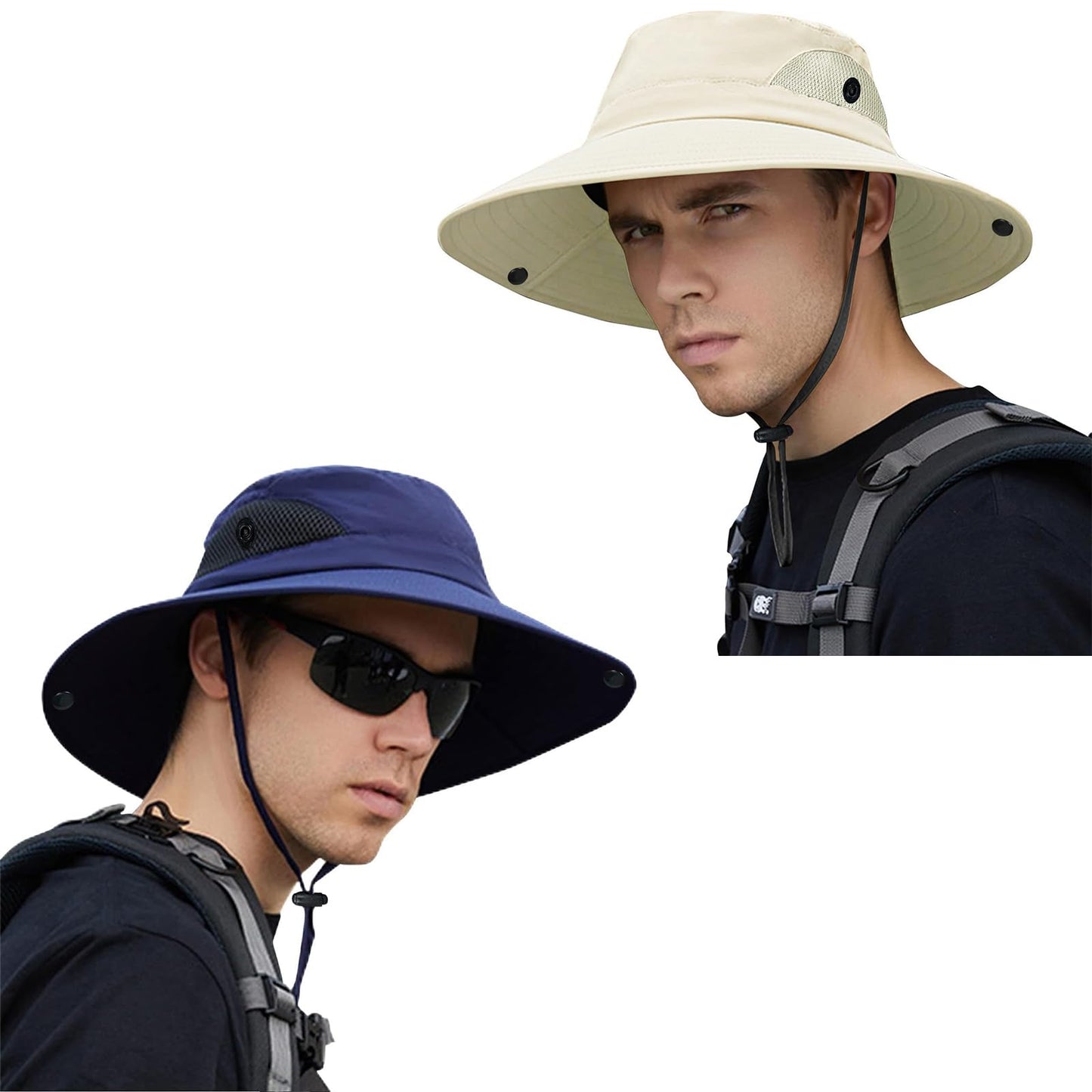 ZOORON Sun Hats for Men Women, Wide Brim Bucket Hats UV Protection UPF50+ Waterproof Boonie Hats for Fishing Hiking Camping (2Pack-Beige+Navy)