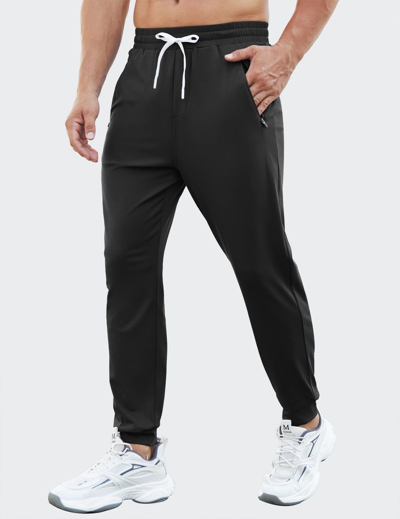 PINSPARK Men's Joggers with Zipper Pockets Stretch Lightweight Athletic Track Pants Gym Quick Dry Workout Pants for Men Black Medium