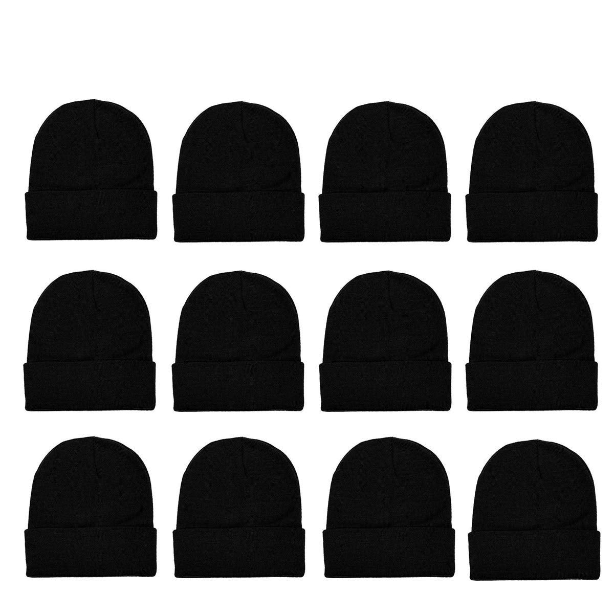 12 Pack Winter Unisex Beanie Cap Hats for Men Women, Warm Cozy Knitted Cuffed Skull Cap,Solid Black Color Wholesale