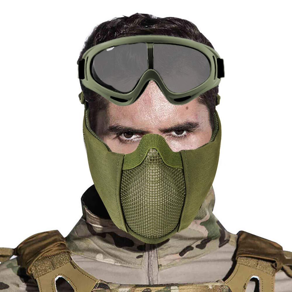 Yzpacc Airsoft Mask with Goggles, Foldable Half Face Airsoft Mesh Mask with Ear Protection for Paintball Shooting Cosplay CS Game