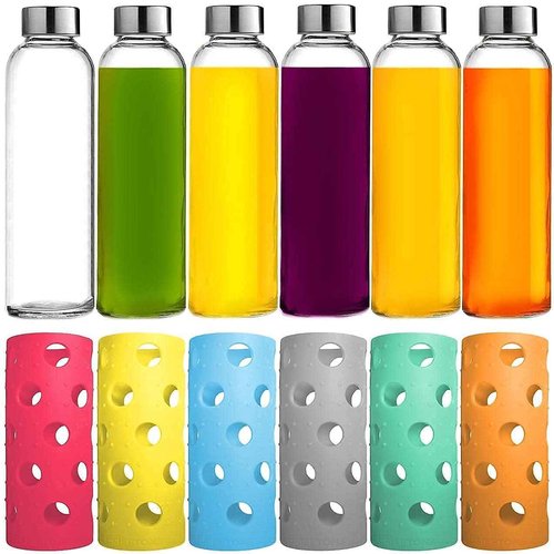 Brieftons Pack of 6 Glass Water Bottles & 6 Silicone Sleeves