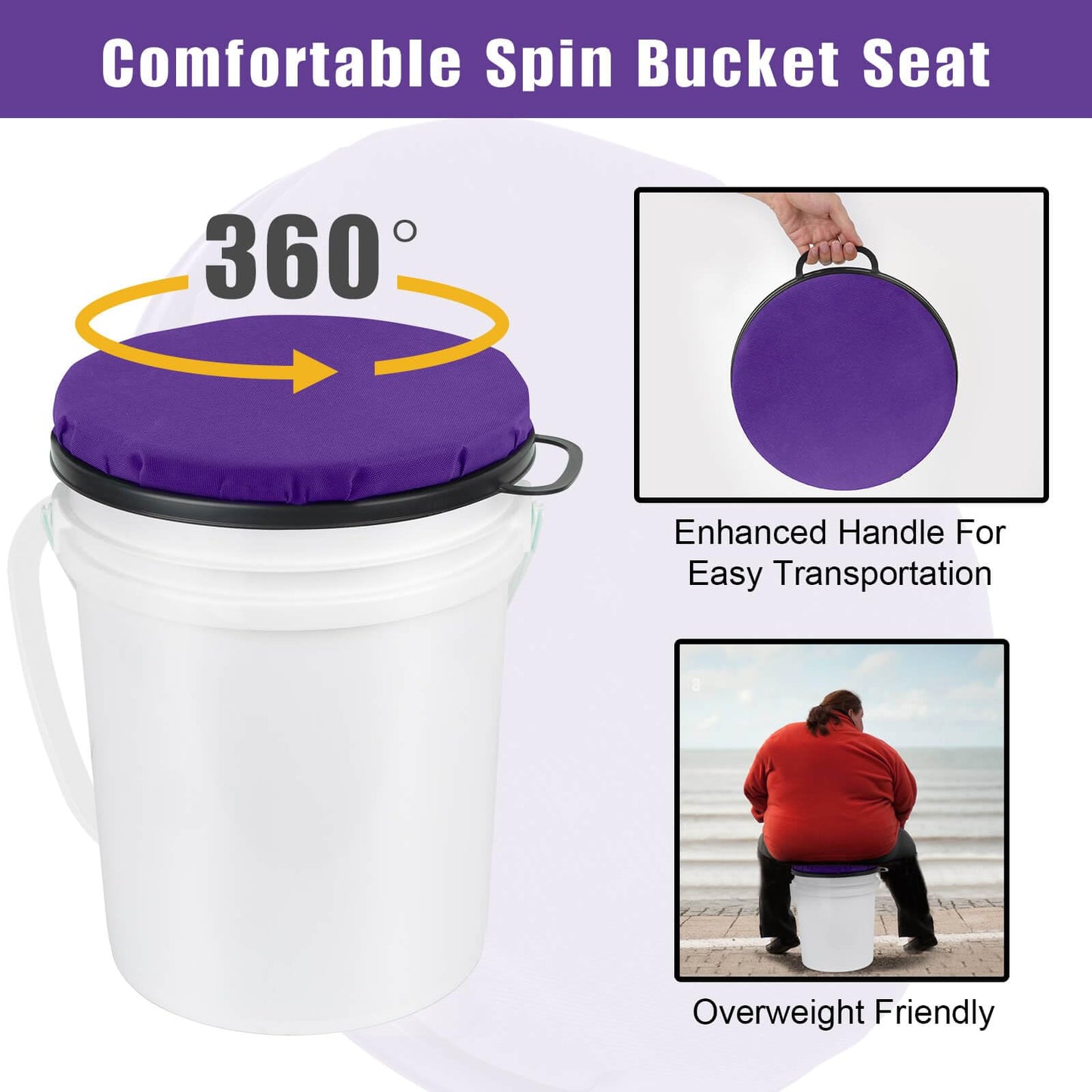 Foxtune 360-Degree Swivel Bucket Seat, 5 Gallon Bucket Lid, Spin Bucket Seat Cushion, Silent, Comfortable, Water-Resistant, for Fishing, Gardening, Hunting and Camping (Purple)
