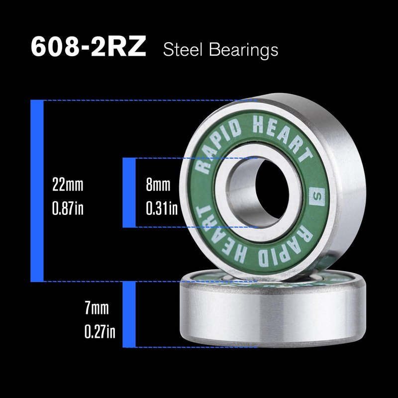 Rapid Heart 8 Pack 608 2RS Precision Steel Green Bearings. 30+ Second Spin Test. for Skateboards, Longboards, Inline & Roller Skates. Premium Quality,High-Performance Alternative.