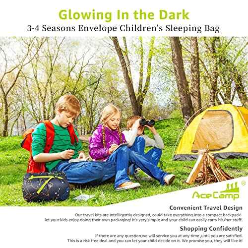 AceCamp Kids' Glow-in-The-Dark Sleeping Bag - Portable, Water-Resistant, Temp Rating 30F/ -1, for Camping, Hiking, Slumber Party (Youth)
