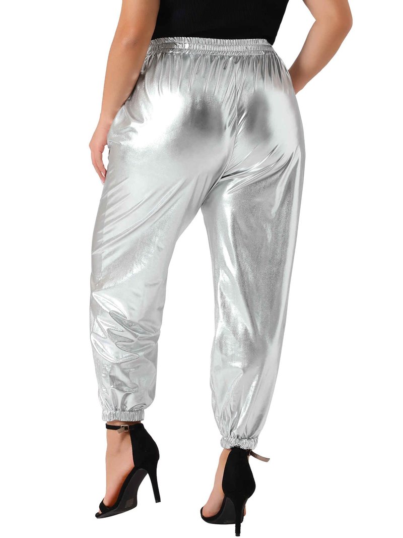 Agnes Orinda Plus Size Jogger Pants for Women Metallic Shiny High Waist Stretchy Wear Holographic Trousers Sweatpant 3X Silver