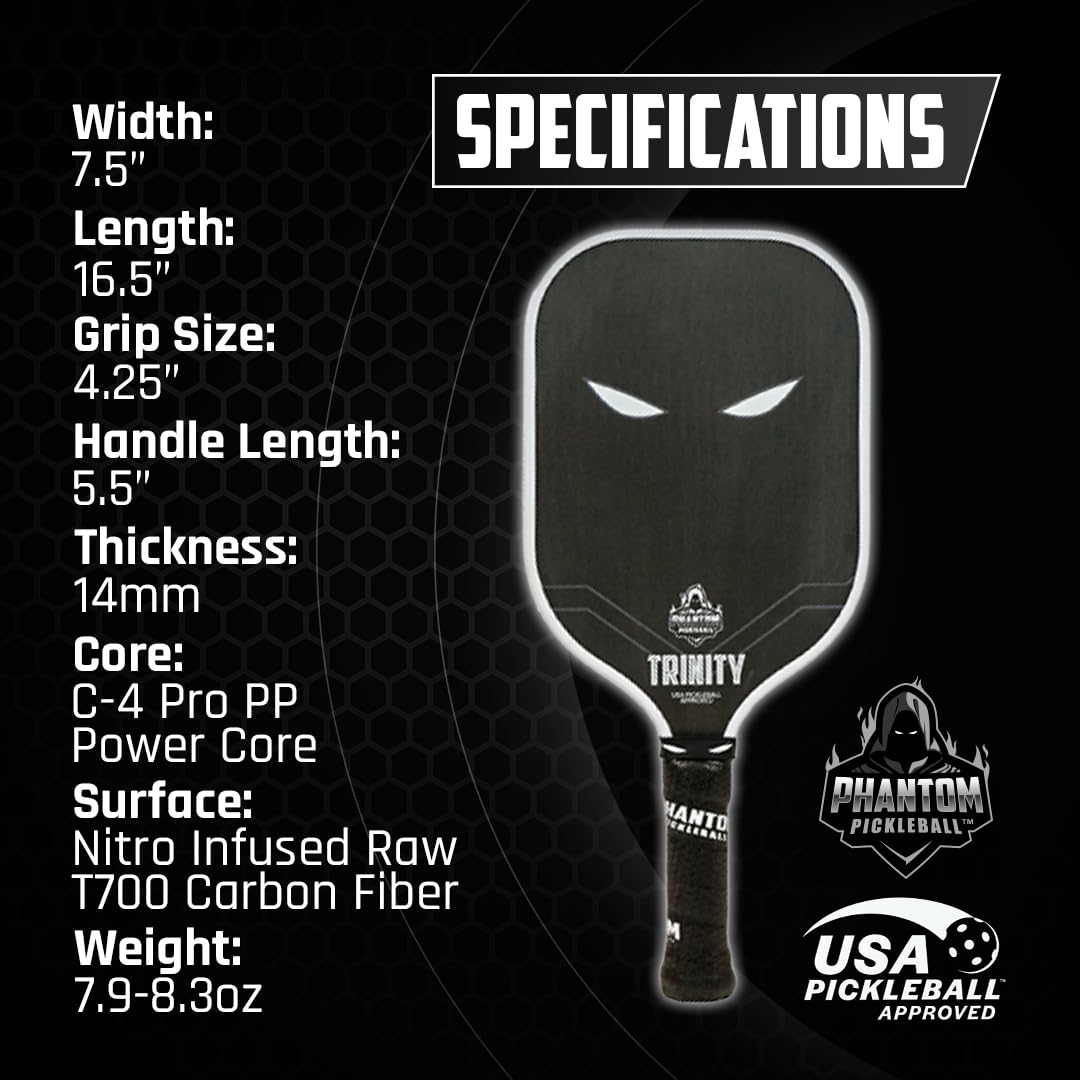 Phantom Pickleball Paddle Trinity 14mm - Carbon Fiber - USA Pickleball Approved - Max Grit and Spin Elongated Body Pickle Ball Paddle - Lightweight Pickleball Racket with C4 Polypropylene Core