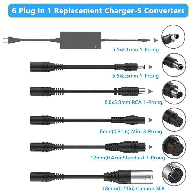 42V 2A Scooter Charger with 6 in 1 Plugs for 36V Pocket Mod, Sports Mod,Razor,Gotrax,Jetson,Voyage,Ninebot,Lithium Battery Device,Electric Scooter Charger