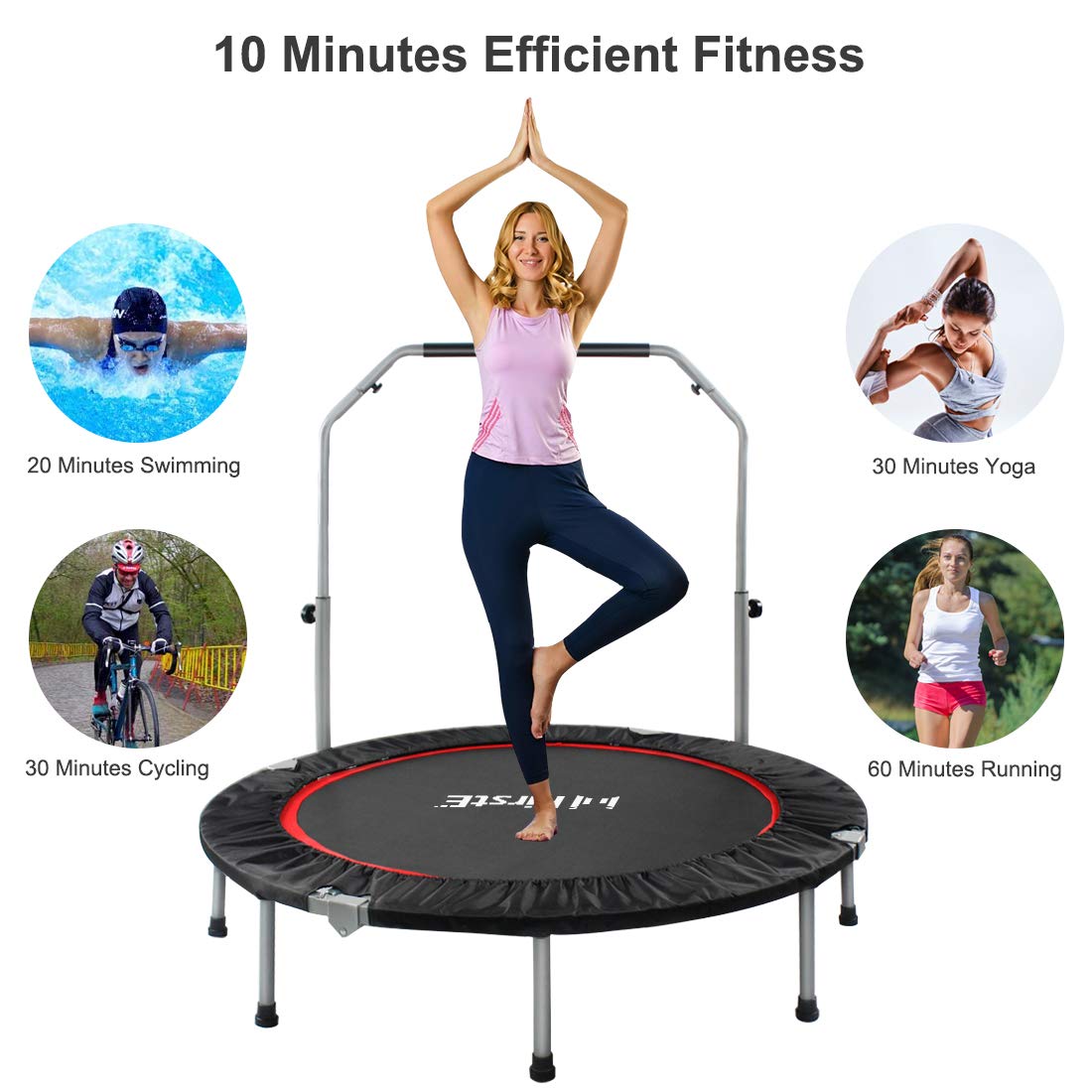 48 Inch Foldable Fitness Trampolines with 4 Level Adjustable Heights Foam Handrail,Jump Trampoline for Kids and Adults Indoor&Outdoor, Max Load 440lbs