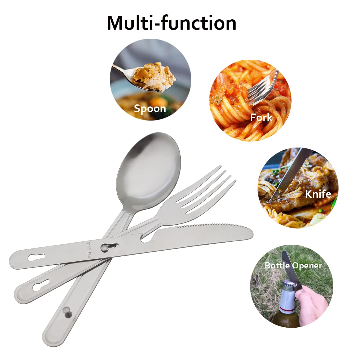 4-in-1 Camping Utensils Hiking Cutlery Set for 4, Portable Stainless Steel Flatware Spoon Fork, Knife & Bottle Opener Combo pack for Picnic Travel, Barbecue, Backpack Outdoor Gear with Carrying Bag