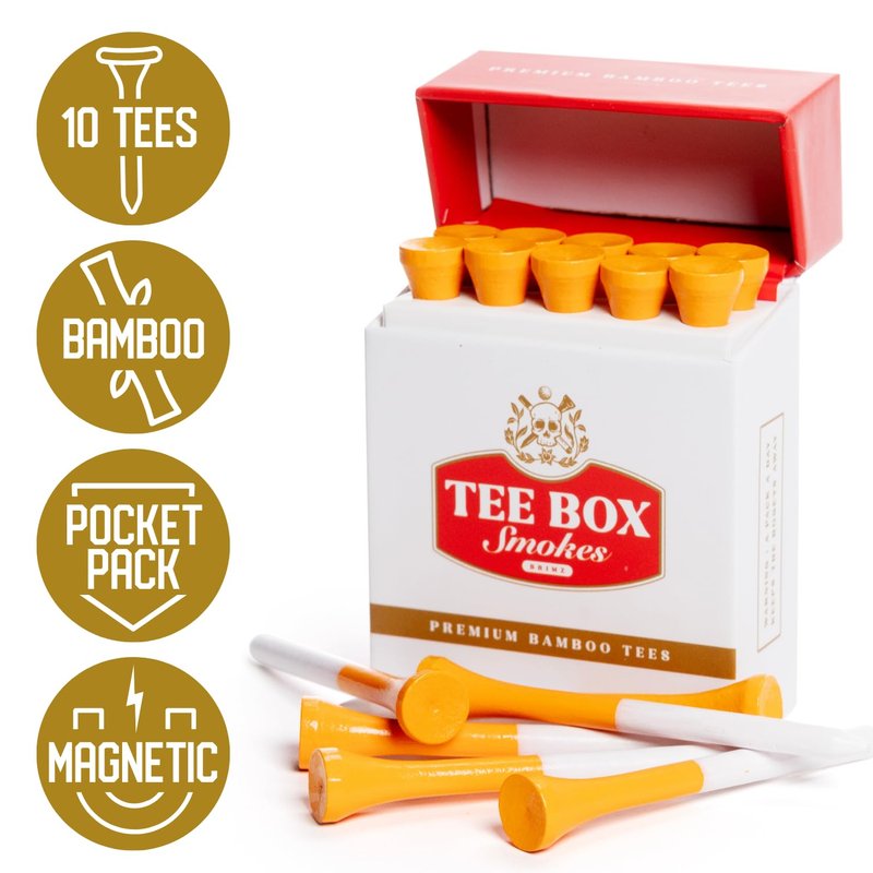 BRIMZ Tee Box Smokes Premium Bamboo Golf Tees – Magnetic Reusable Golf Tee Case – 2 ¾ Inch Eco Friendly Bamboo Tees – Funny Golf Gift for Men & Women – Golf Accessories (10 Tees)