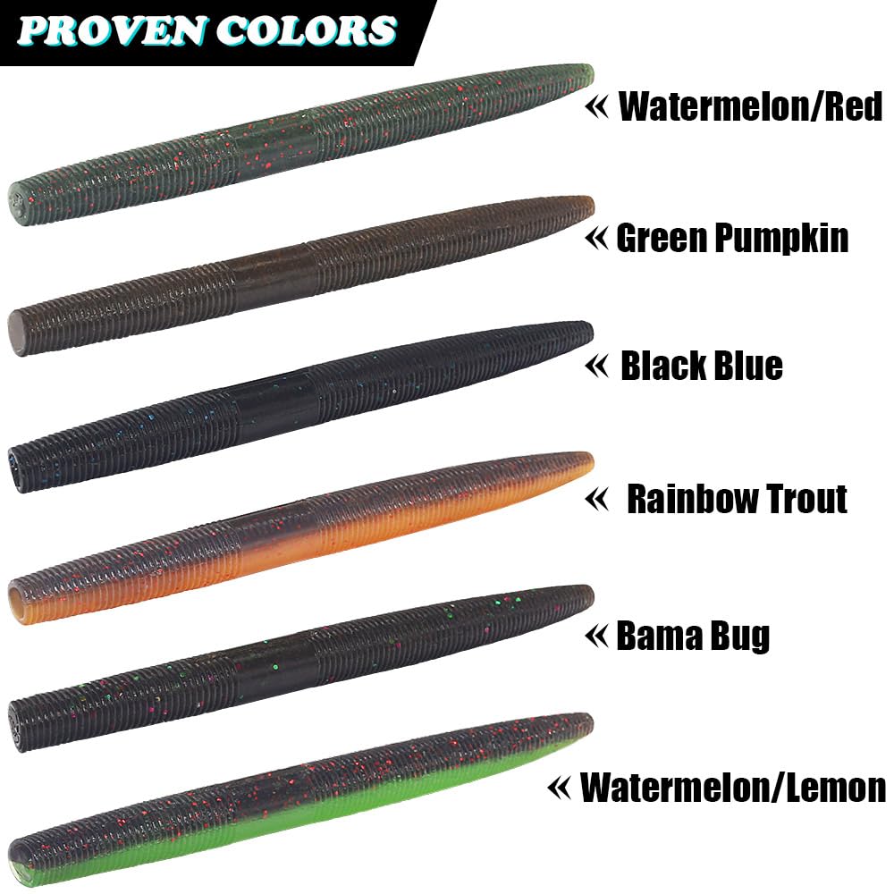 Wacky Worms Soft Plastic for Bass Fishing Lures–100 Pack 4" & 5" Stick Baits Wacky, Texas, Neko & Drop Shot Rigs–Bulk Soft Lure (2-Green Pumpkin w/Black Flake, 4")