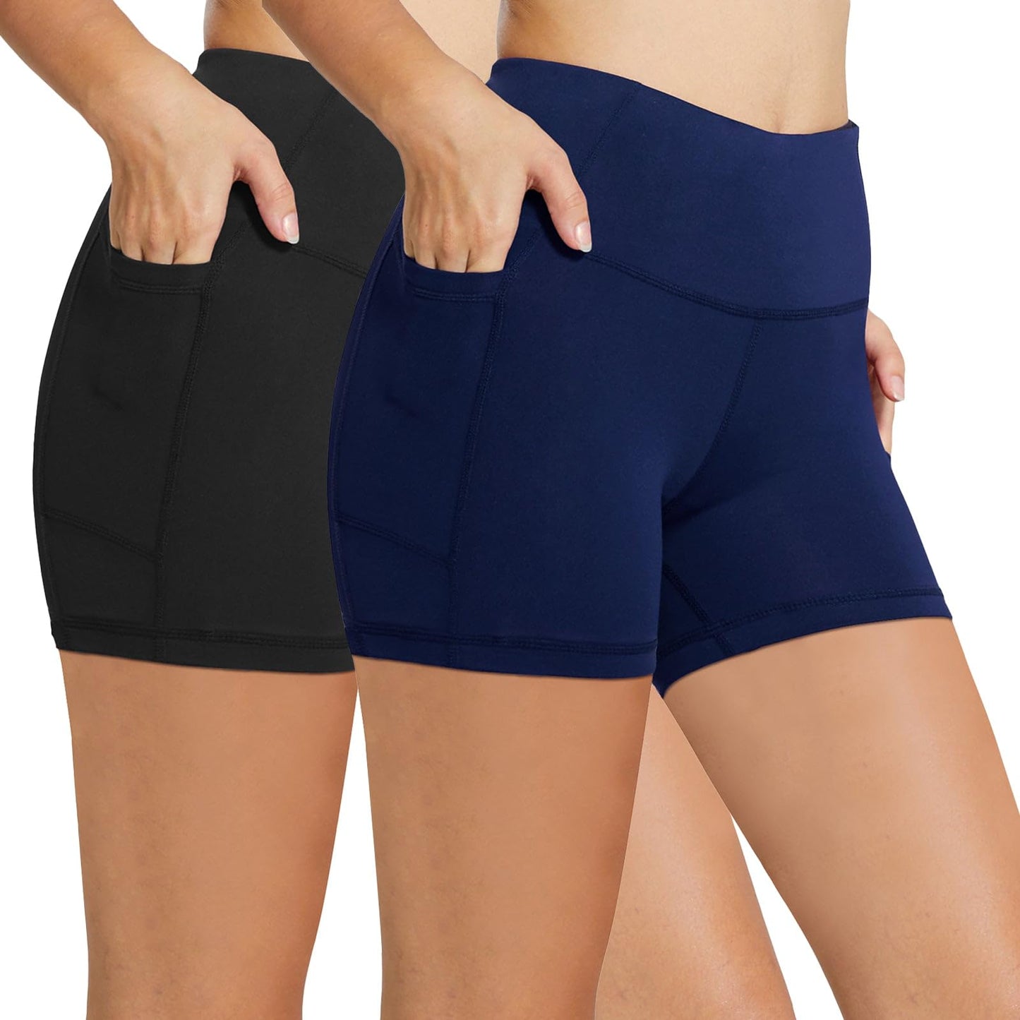baleaf Biker Shorts Women Yoga Gym Workout Spandex Running Volleyball Tummy Control Compression with Pockets 8" 2-Pack Black/Navy Blue XXXL