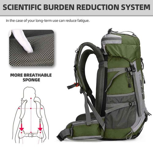 King'sGuard 60L Hiking Backpack Large Waterproof Camping Backpack for Men and Women Lightweight Frameless Backpacking Backpack with Rain Cover (Army Green)
