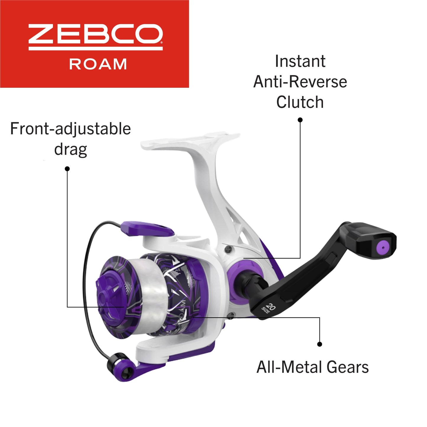Zebco Roam Spinning Reel and Fishing Rod Combo, 6-Foot 2-Piece Fiberglass Rod, Split ComfortGrip Handle, Size 20 Reel, Reversible Retrieve, Purple