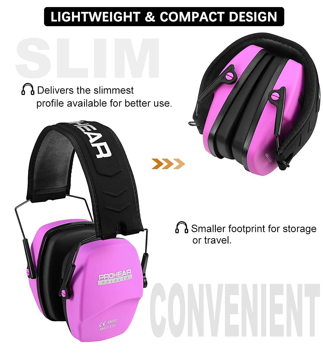 PROHEAR 016 Ear Protection Safety Earmuffs for Shooting, NRR 26dB Noise Reduction Slim Passive Hearing Protector with Low-Profile Earcups, Compact Foldable Ear Defenders for Gun Range, Hunting (Pink)