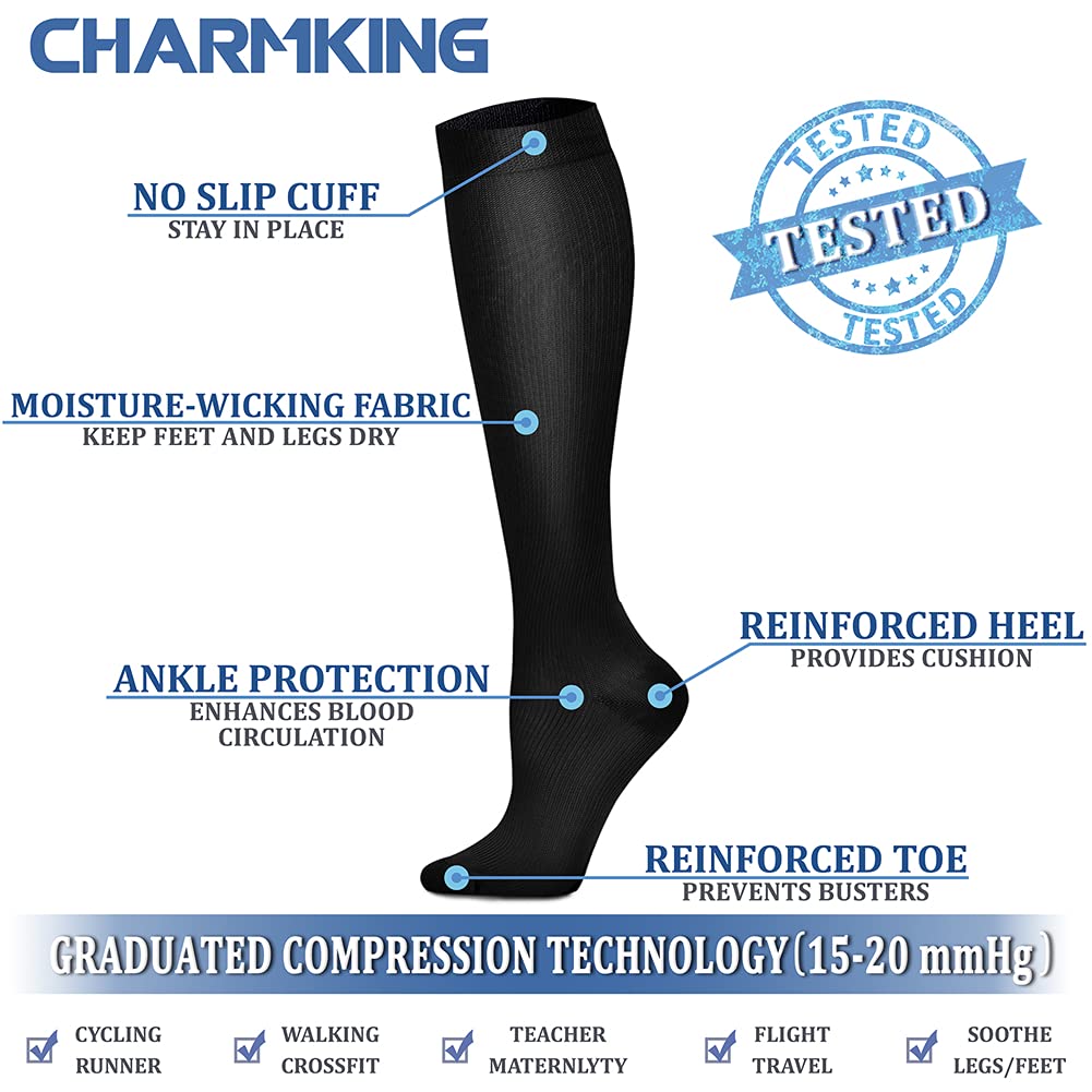 CHARMKING Compression Socks for Women & Men (8 Pairs) 15-20 mmHg Graduated Copper Support Calf Socks are Best for Pregnant, Nurses - Boost Performance, Circulation, Knee High Wide Calf(L/XL, Multi 02)