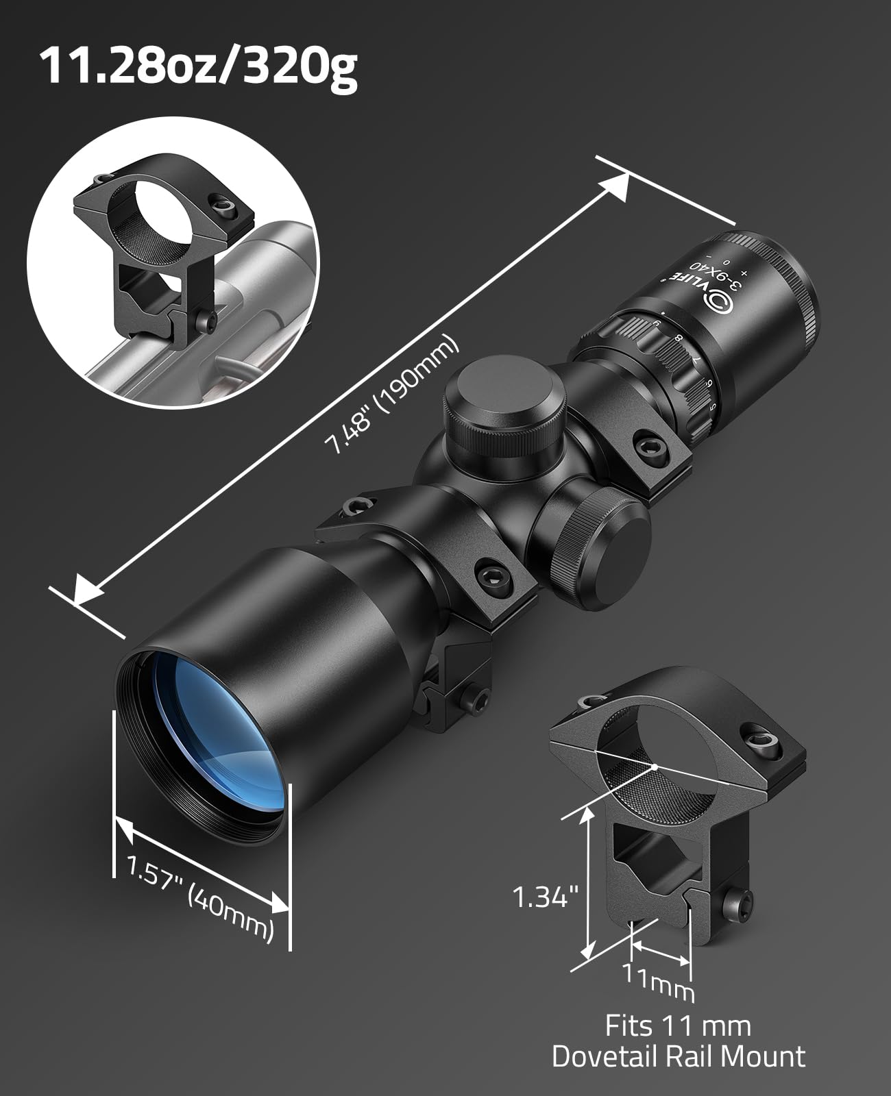 CVLIFE 3-9x40 Compact Scope Crosshair Reticle with 11mm Mounts for Quick Aiming