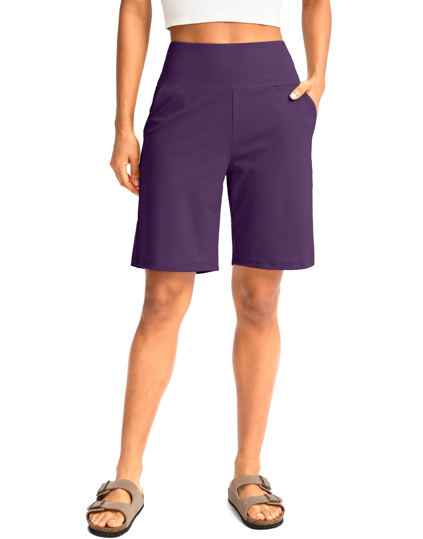 G Gradual Women's Bermuda Long Shorts with Pockets 9" High Waisted Knee Length Shorts for Women Walking Athletic Workout(Purple,XL)