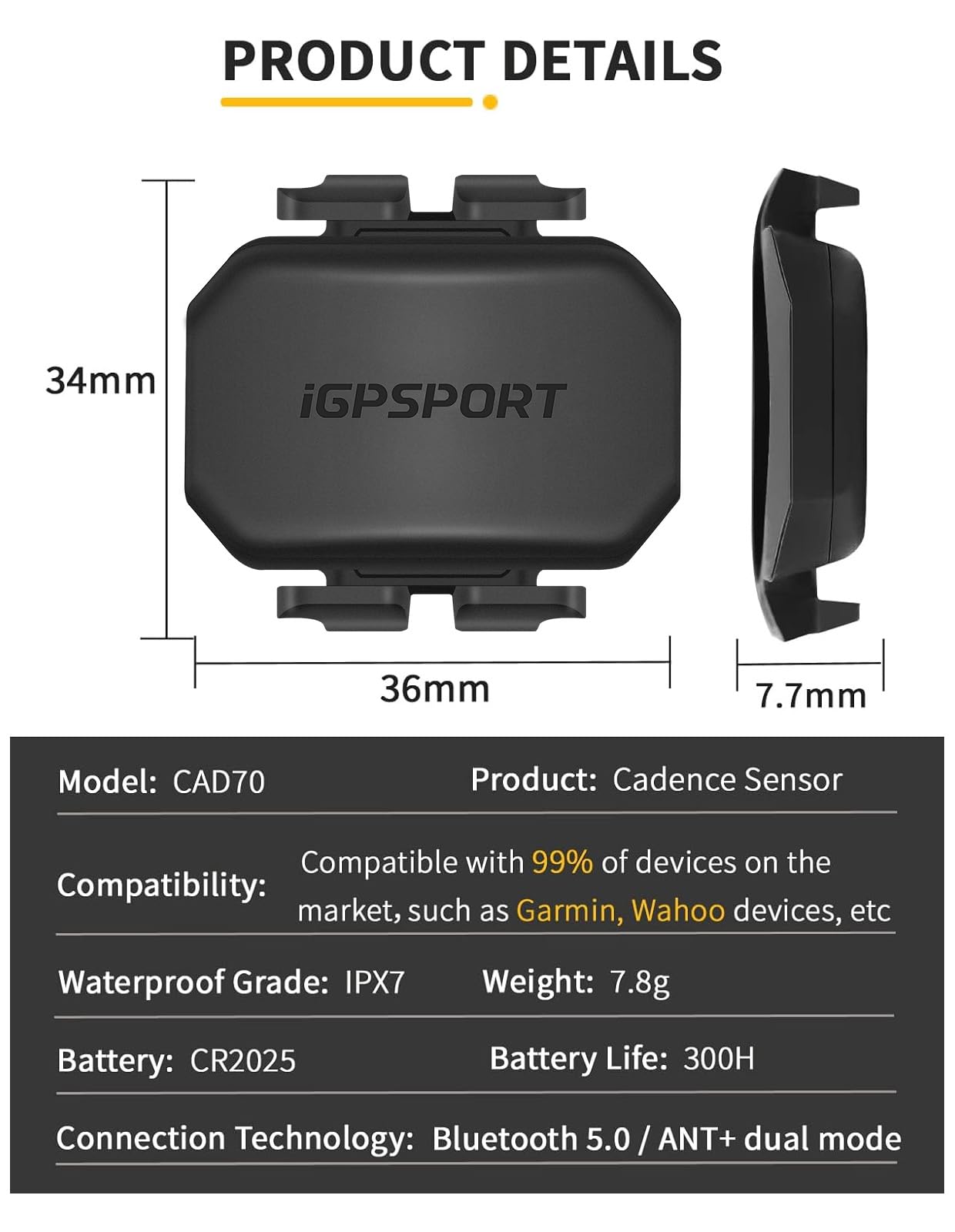 iGPSPORT CAD70 Cadence Sensor, Bluetooth ANT+ Wireless Waterproof Cycling Sensor, Compatible with Bike Computer Stationary Bike
